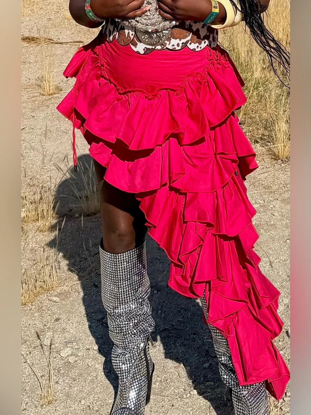 CLAIRE HIGH LOW RUFFLE SKIRT IN RED - Picture 4 of 5